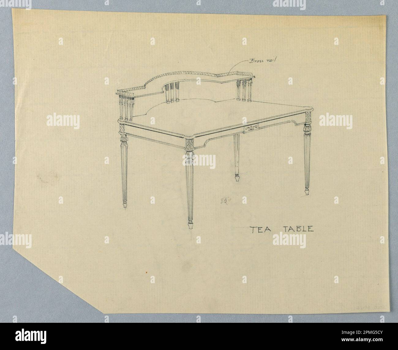 Disegno, disegno per tavolo da tè con ringhiera in ottone lungo il retro della mensola superiore; disegnato da A.N. Davenport Co.; grafite su carta crema sottile; 20,3 x 25,4 cm (8 x 10 pollici) Foto Stock