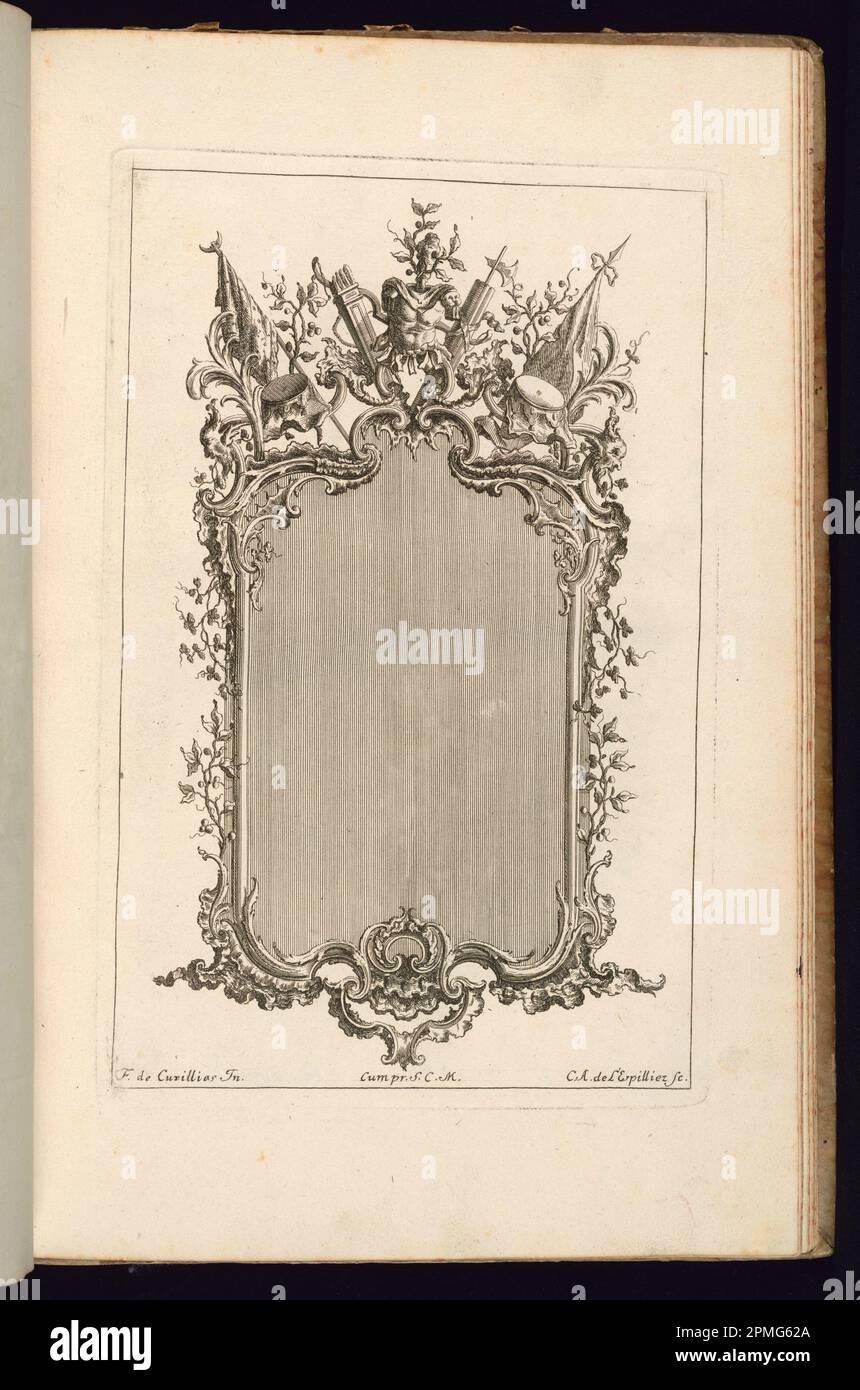 Stampa rilegata, cornice con Trofeo; progettata da Francois de Cuvilliés il Vecchio (Belgio, Germania attiva, 1695 - 1768); Print Maker: Carl Albert von Lespinliez (tedesco, 1723 - 1796); Germania; incisione e incisione su carta; 26,5 x 17,3 cm (10 7/16 x 6 13/16 pollici) Foto Stock