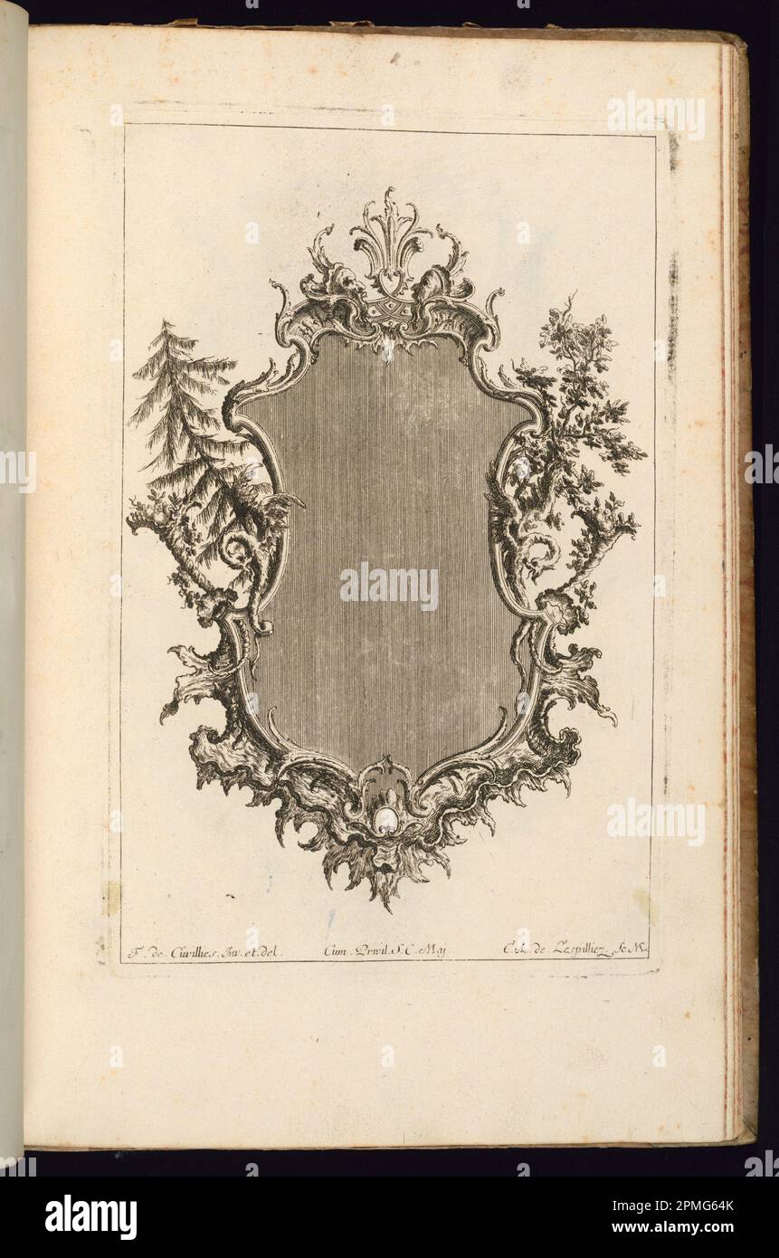 Stampa rilegata, cornice con maschere e alberi; disegnata da Francois de Cuvilliés il Vecchio (Belgio, Germania attiva, 1695 - 1768); Print Maker: Carl Albert von Lespinliez (tedesco, 1723 - 1796); Germania; incisione e incisione su carta; 26,5 x 17,1 cm (10 7/16 x 6 3/4 in.) Foto Stock