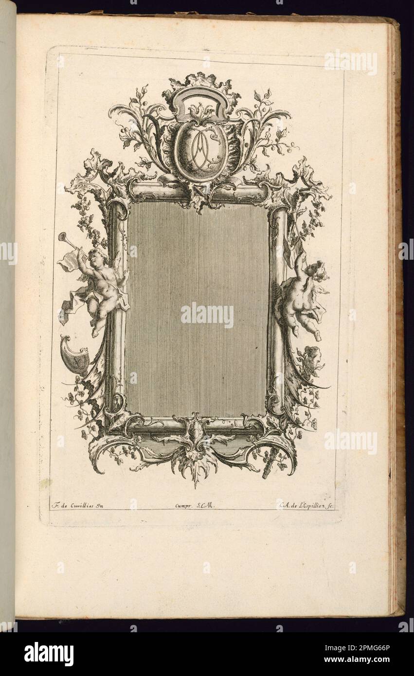 Bound Print, cornice con Cartouche, Premier Livre de cadres (primo libro di cornici); disegnata da Francois de Cuvilliés il Vecchio (belga, Germania attiva, 1695 - 1768); incisa da Carl Albert von Lespinleez (tedesco, 1723 - 1796); Germania; incisione e incisione su carta; 27,3 x 17,6 cm (10 3/4 x 6 15/16 pollici) Foto Stock