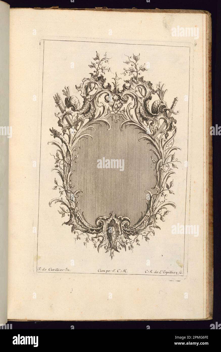 Stampa rilegata, cornice con Rocaille Cartouche, rami Laurel, e cofani turchi, Troisième Livre de cadres (terzo Libro delle cornici) ; disegnata da Francesco de Cuvilliés il Vecchio (belga, Germania attiva, 1695 - 1768); incisa da Carl Albert von Lespinliez (tedesco, 1723 - 1796); Germania; incisione e incisione su carta; 26,5 x 17,2 cm (10 7/16 x 6 3/4 pollici) Foto Stock