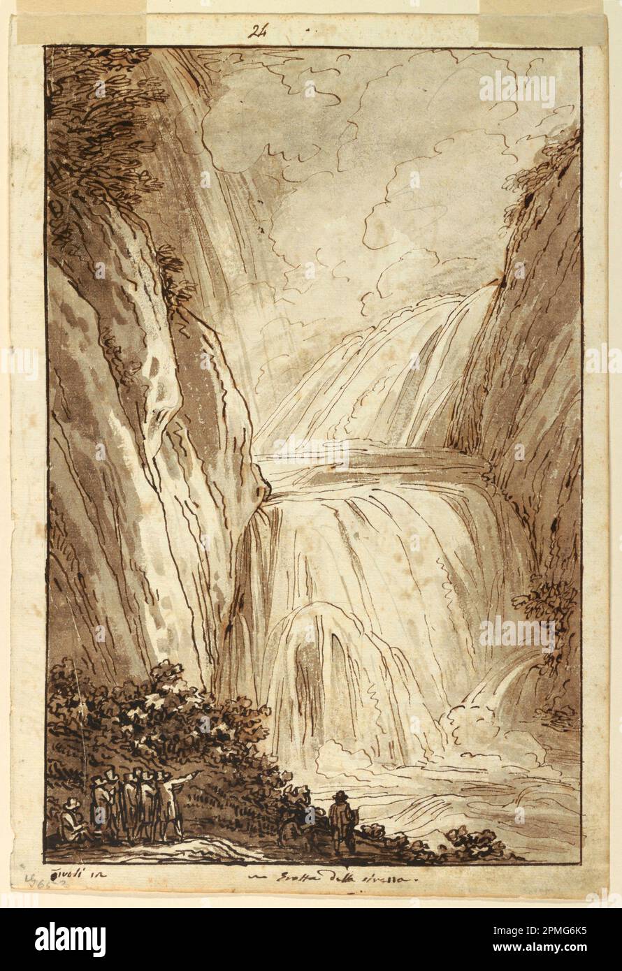 Disegno, Grotta di Sirena a Tivoli; Felice Giani (1758-1823); Italia; gesso nero, Penna e inchiostro nero, pennello e acquerello marrone, grafite su carta color crema; tappetino: 90,7 x 71,5 cm (35 11/16 x 28 1/8 pollici) 37,9 x 25,2 cm (14 15/16 x 9 15/16 pollici) Foto Stock