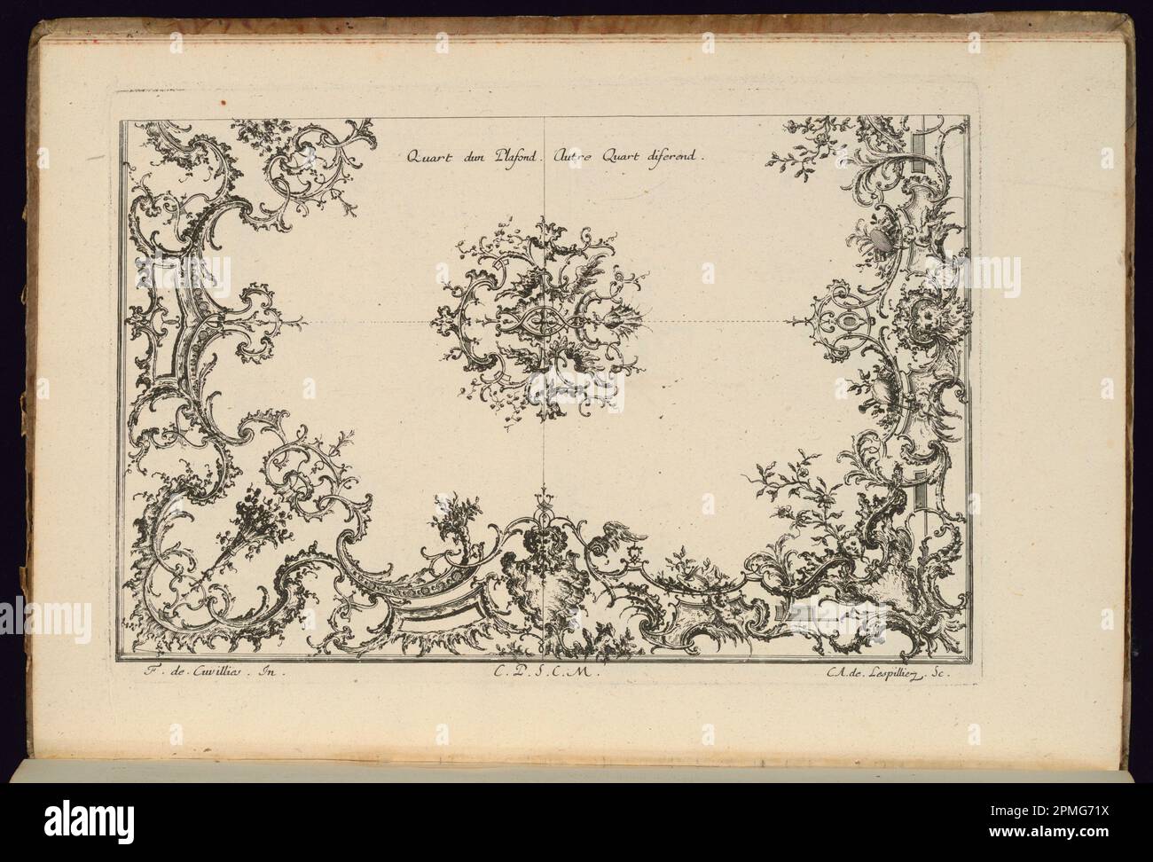 Stampa rilegata, due quarti di un soffitto; progettata da Francois de Cuvilliés il Vecchio (Belgio, Germania attiva, 1695 - 1768); Print Maker: Carl Albert von Lespilliez (tedesco, 1723 - 1796); Germania; incisione e incisione su carta; 18,8 x 27,7 cm (7 3/8 x 10 7/8 in.) Foto Stock