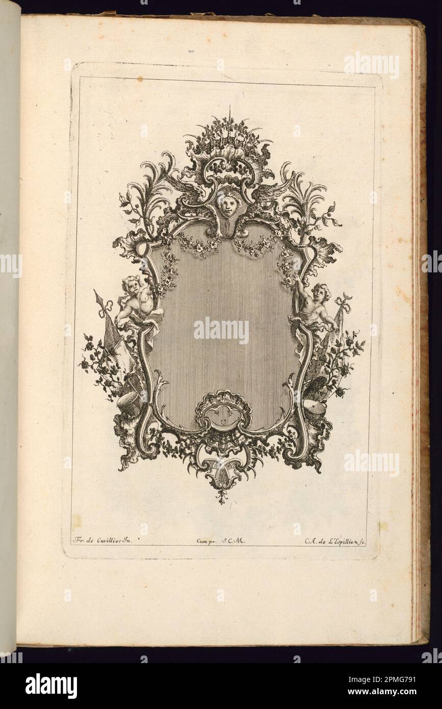 Stampa rilegata, cornice con mascarone e corona Fantasy; disegnata da Francesco de Cuvilliés il Vecchio (Belgio, Germania attiva, 1695 - 1768); Print Maker: Carl Albert von Lespinliez (tedesco, 1723 - 1796); Germania; incisione e incisione su carta; 27 x 17,5 cm (10 5/8 x 6 7/8 in.) Foto Stock