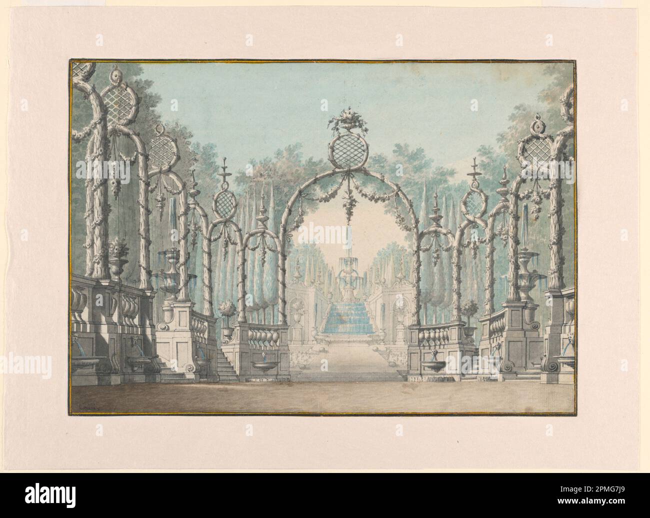 Disegno, scenografia di un giardino con fontane e Armors; attribuito a Francois de Cuvilliés il Vecchio (Belga, Germania attiva, 1695 - 1768); Germania; penna e inchiostro nero, acquerello, grafite, bordi rigati in penna e nero su carta bianca posata; totale: 24,1 x 34,2cm (9 1/2 x 13 7/16in.) Tappetino (tappetino): 35,6 x 45,7 cm (14 x 18 pollici) Foto Stock