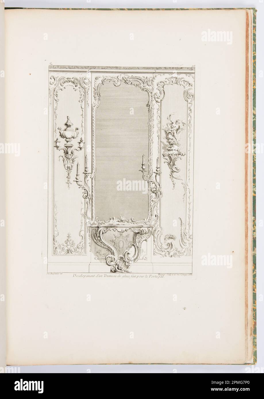 Print, Plate 3, Developement d'un Trumeau de glace fait pour le Portugal (Design for a Pier Glass with Varation for Portugal), Oeuvre de Juste-Aurèle Meissonnier (opere di Juste-Aurèle Meissonnier); Designed by Juste-Aurèle Meissonnier (francese, b. Italia, 1695–1750); Incisioni di Gabriel Huquier, francese; 1695; carta su impresso: Francese; francese; francese; francese; francese; francese; francese; francese; francese;–1772; francese; francese; francese; francese; 36,5 x 25,7 cm (14 3/8 x 10 1/8 pollici) Foglio: 59,1 x 40,6 cm (23 1/4 x 16 pollici) Foto Stock