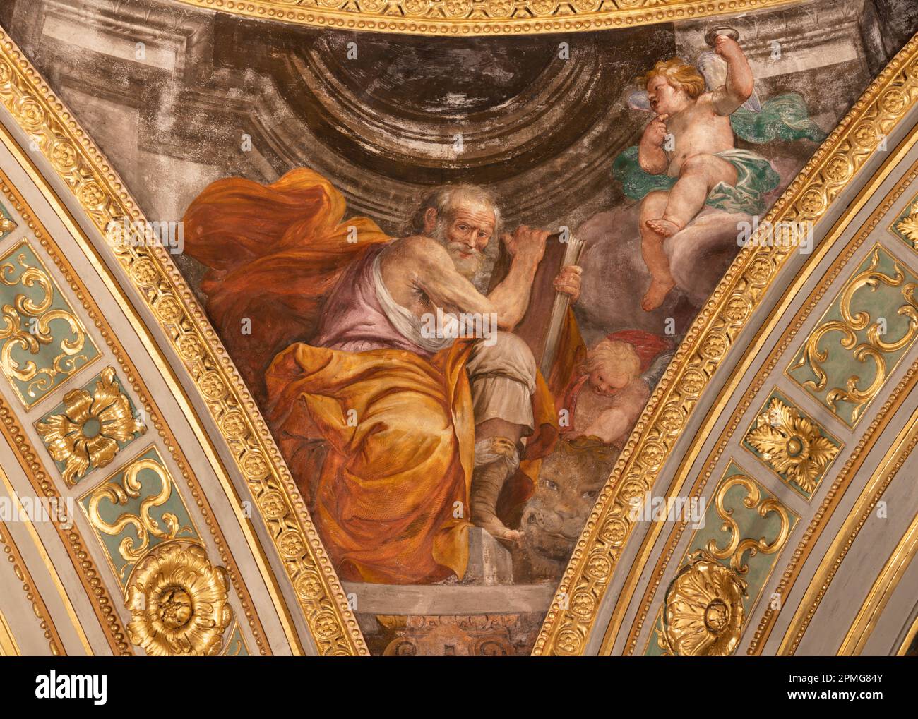 GENOVA, ITALIA - 5 MARZO 2023: L'affresco di San Nella chiesa del Gesu, Marco l'evangelista. Foto Stock
