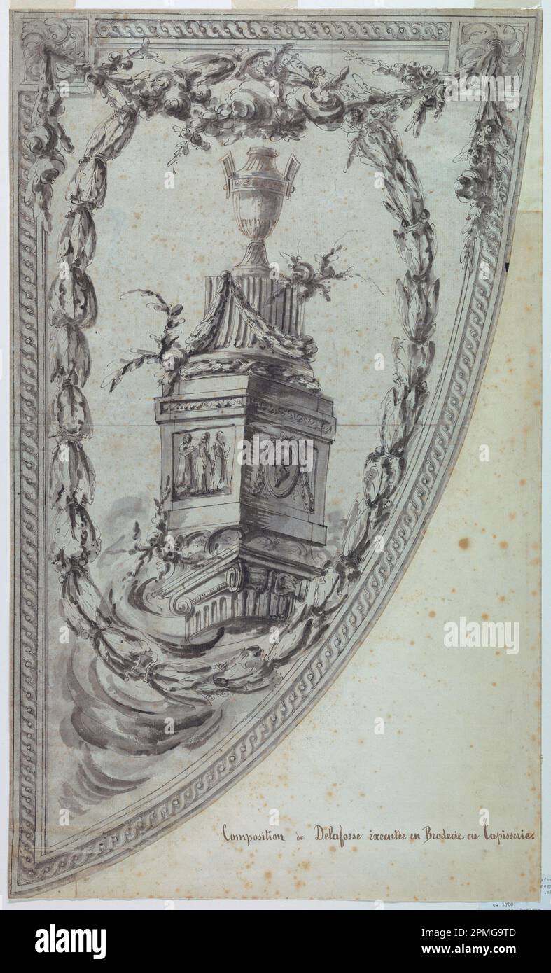 Disegno, progettazione di un pannello; progettato da Jean-Charles Delafosse (francese, 1734–1791); Francia; penna e inchiostro, pennello e lavaggio su carta bianca; 62,7 x 37,7 cm (24 11/16 x 14 13/16 pollici) Foto Stock