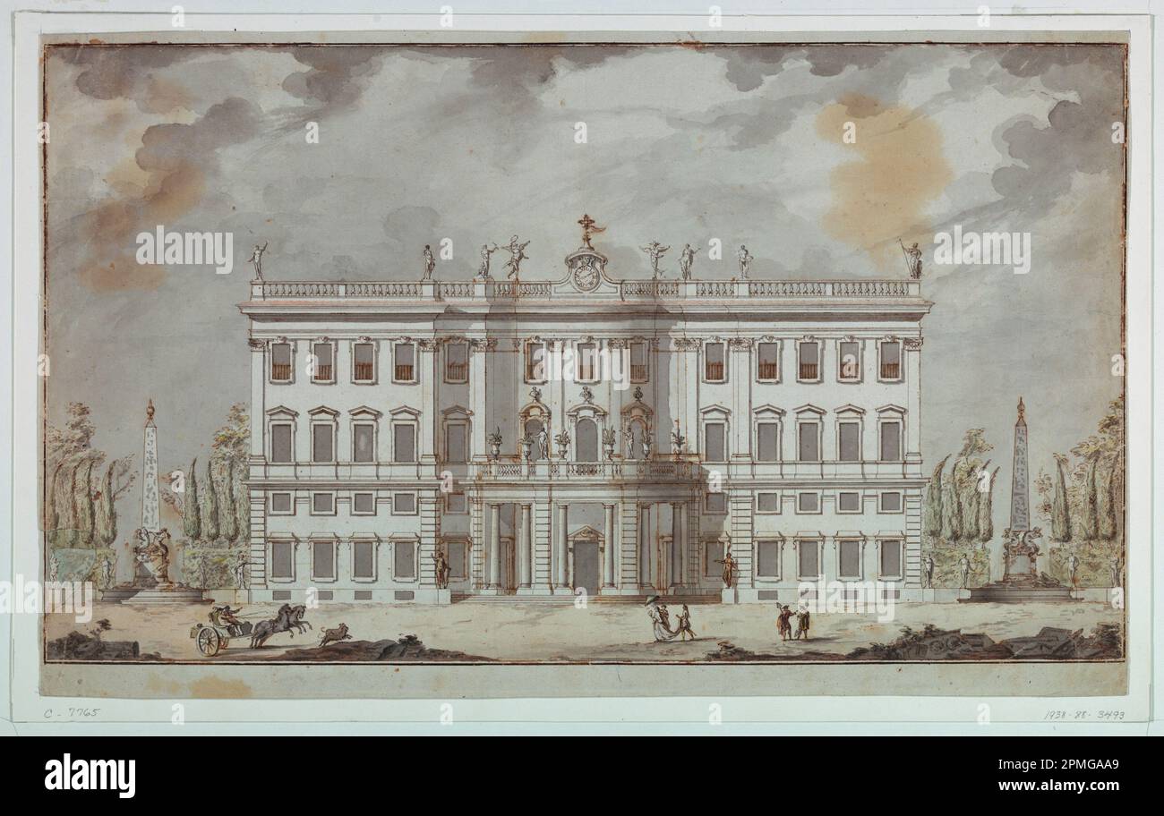 Disegno, progetto per l'elevazione di una Villa; Paolo Posi (italiano, 1708 - 1776); Italia; penna e inchiostro marrone; pennello e lavaggio grigio e acquerello su carta bianca posata; 36,4 x 59,4cm (14 5/16 x 23 3/8in.) Foto Stock