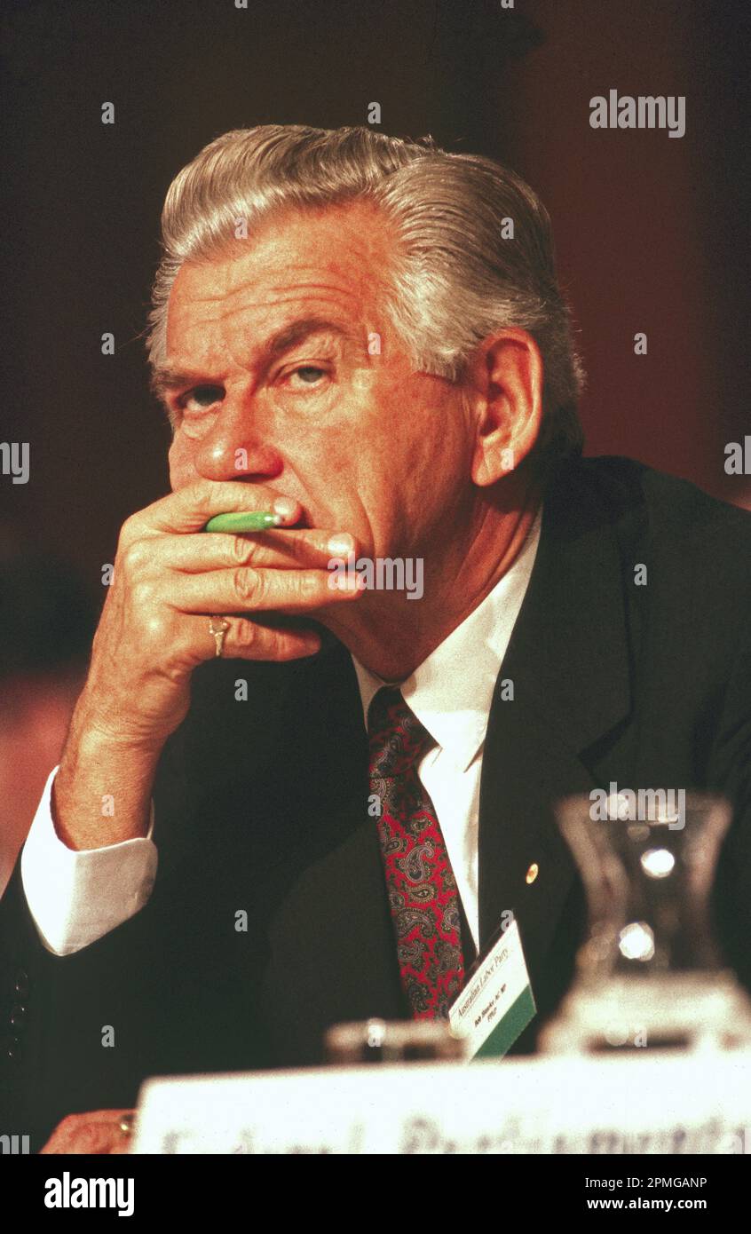 Robert (Bob) Hawke, (9 dicembre 1929 – 16 maggio 2019) il primo ministro australiano 1983-1991 è stato fotografato alla conferenza ALP di Hobart, Tasmania, dal 28th al 29th giugno 1991 Foto Stock
