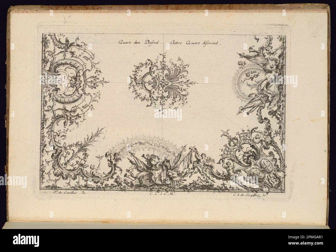 Stampa rilegata, due quarti di un soffitto; progettata da Francois de Cuvilliés il Vecchio (Belgio, Germania attiva, 1695 - 1768); Print Maker: Carl Albert von Lespilliez (tedesco, 1723 - 1796); Germania; incisione e incisione su carta; 18,8 x 27,7 cm (7 3/8 x 10 7/8 in.) Foto Stock