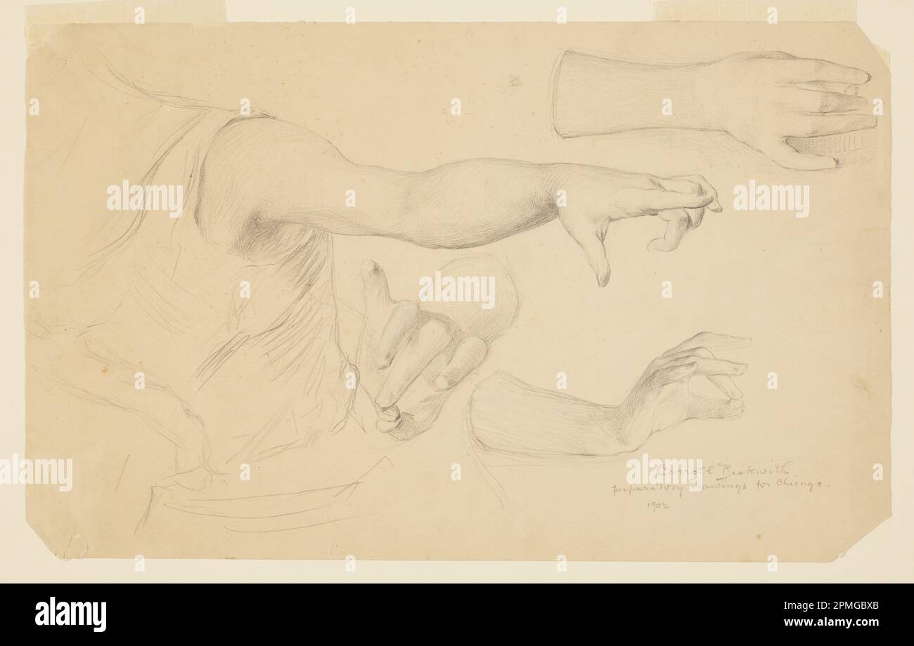 Disegno, Studi delle mani per la cupola dei manufatti e l'edificio delle arti liberali, esposizione colombiana del mondo, Chicago, il; J. Carroll Beckwith (americano, 1852–1917); USA; grafite su carta; 22,3 x 35,7 cm (8 3/4 x 14 1/16 poll.) Foto Stock