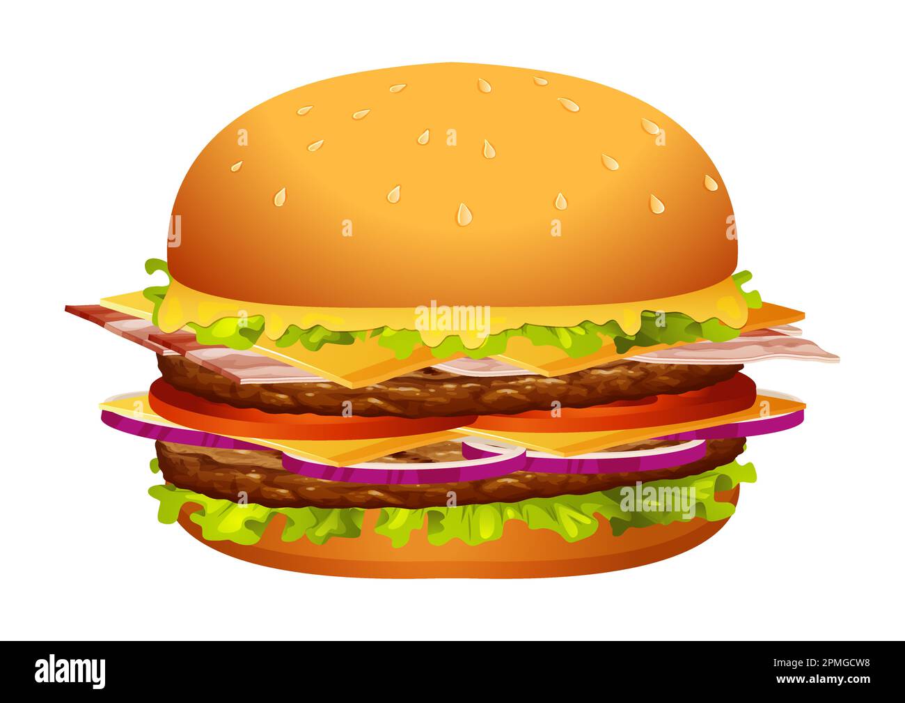 Hamburger Cheeseburger con insalata di pomodoro rosso cipolla e salsa primo piano isolato su sfondo bianco. Fast food hamburger Illustrazione Vettoriale