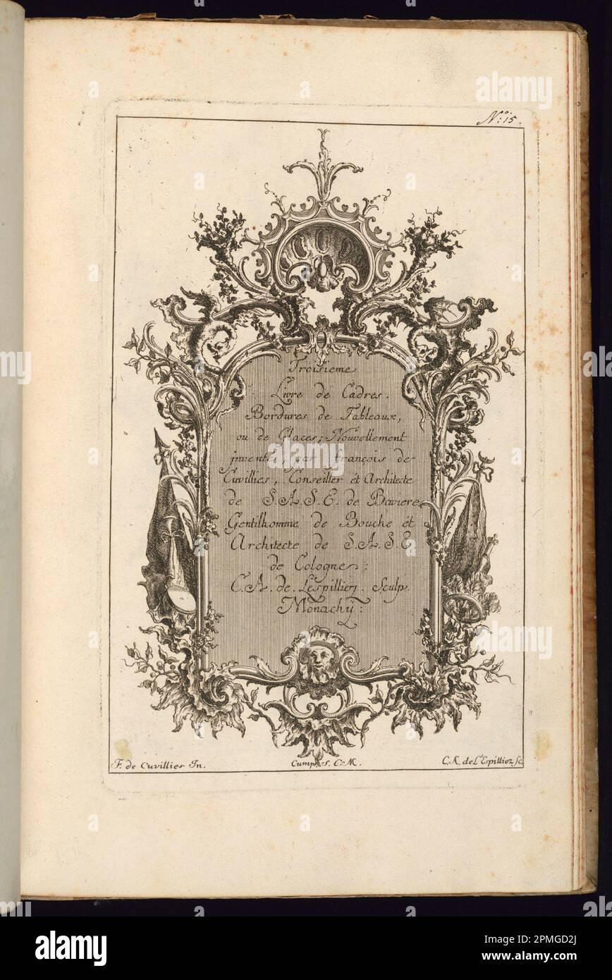 Bound Print, Title Page; Designed by Francois de Cuvilliés the Elder (Belga, Germania attiva, 1695 - 1768); Print Maker: Carl Albert von Lespilliez (tedesco, 1723 - 1796); Germania; incisione e incisione su carta; 27 x 17,3 cm (10 5/8 x 6 13/16 pollici) Foto Stock