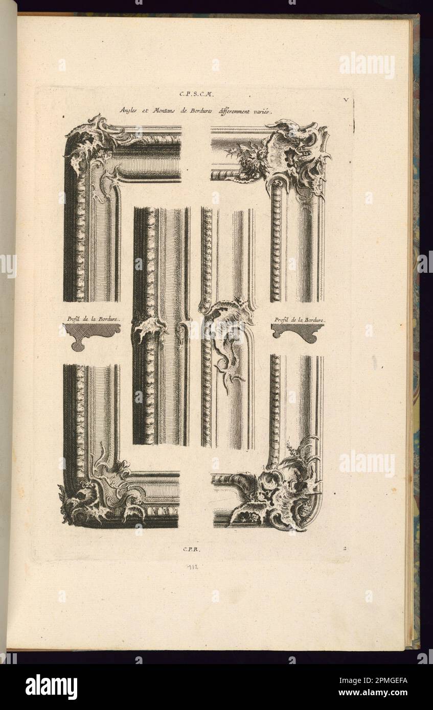 Print, Angles et Montans de Bordures Differemment Variés; Designed by Francois de Cuvilliés il Vecchio (Belgio, Germania attiva, 1695 - 1768); Germania; incisione e incisione su carta steso biancastra; Platemark: 33,2 x 22,3 cm (13 1/16 x 8 3/4 in.) Foglio: 44 x 28,6 cm (17 5/16 x 11 1/4 pollici) Foto Stock