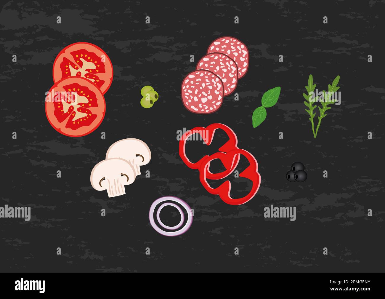 Deliziosa illustrazione vettoriale per il condimento della pizza. Fette di salame, pomodori, peperoni, olive, funghi Illustrazione Vettoriale