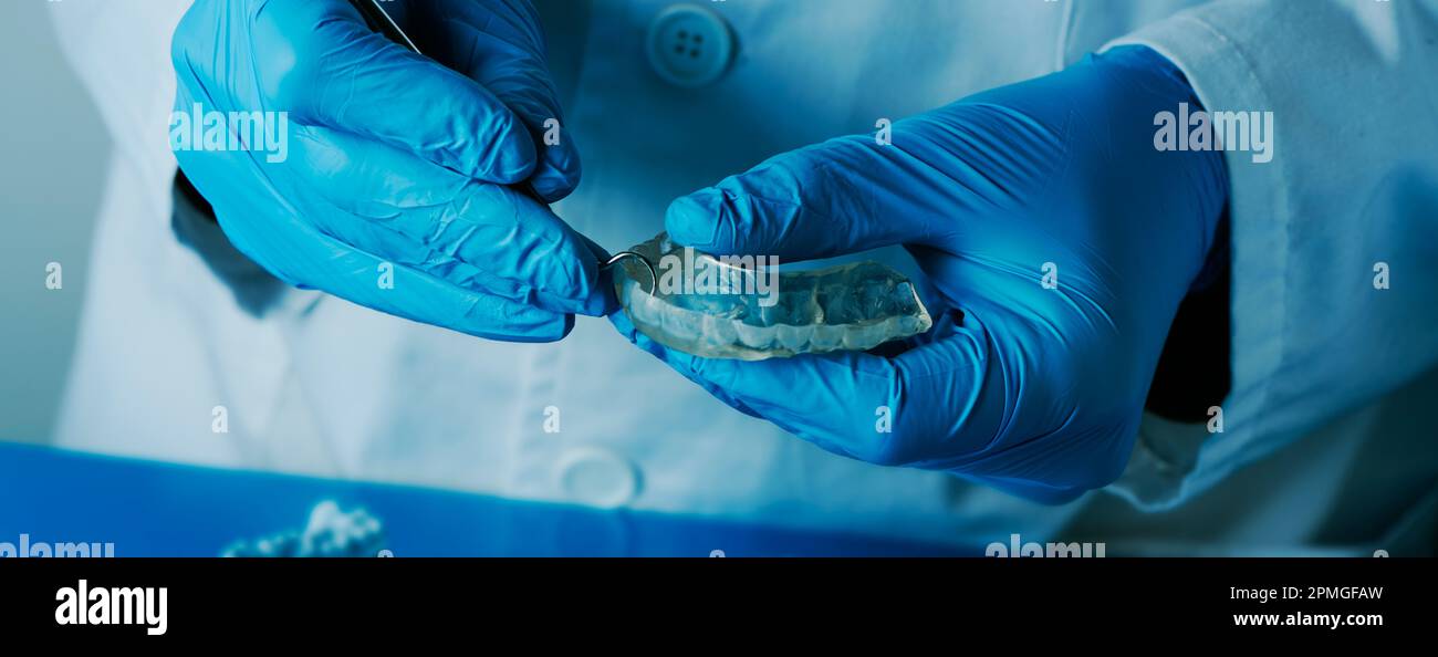 un dentista, indossando guanti in lattice blu e camice bianco, regola una stecca occlusale, in un formato panoramico da utilizzare come banner web o intestazione Foto Stock