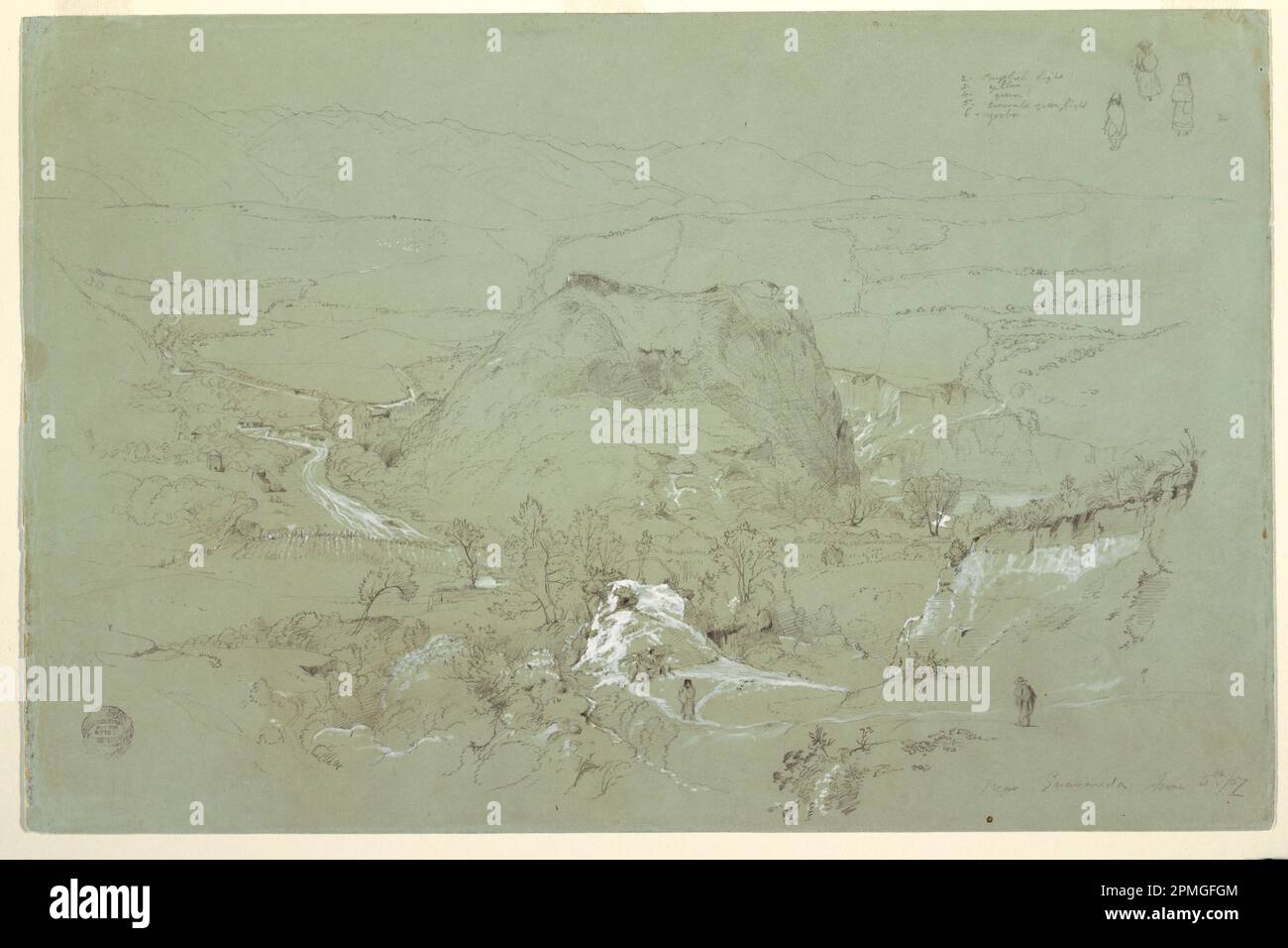 Disegno, paesaggio vicino a Guaranda, Ecuador; Chiesa di Frederic Edwin (americana, 1826–1900); Ecuador; grafite, pennello e gouache bianco, su carta grigio-verde; foglio: 30,1 x 46,2 cm (11 7/8 x 18 3/16 pollici) Tappetino: 40,6 x 55,9 cm (16 x 22 pollici) Foto Stock