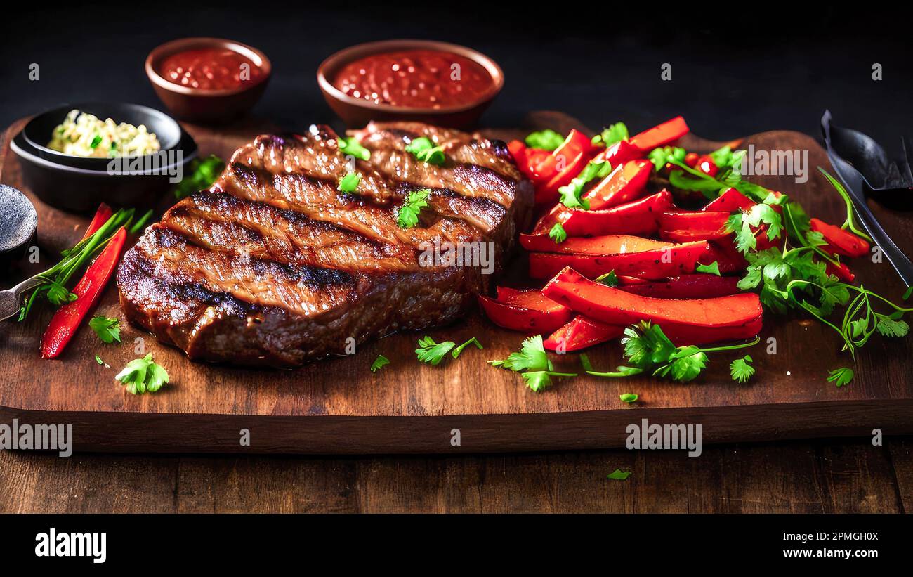 Carne alla griglia. Carne fresca alla griglia. Bistecca di manzo alla griglia media rara su tagliere di legno con verdure. Bistecca Ribeye media rara su tavola di legno. GE Foto Stock
