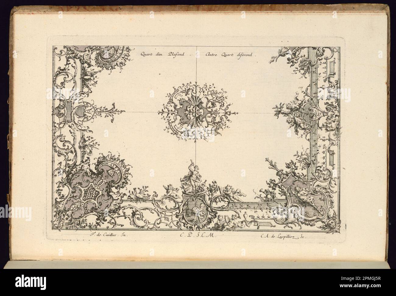 Stampa rilegata, due quarti di un soffitto; progettata da Francois de Cuvilliés il Vecchio (Belgio, Germania attiva, 1695 - 1768); Print Maker: Carl Albert von Lespilliez (tedesco, 1723 - 1796); Germania; incisione e incisione su carta; 18,3 x 27,5 cm (7 3/16 x 10 13/16 in.) Foto Stock