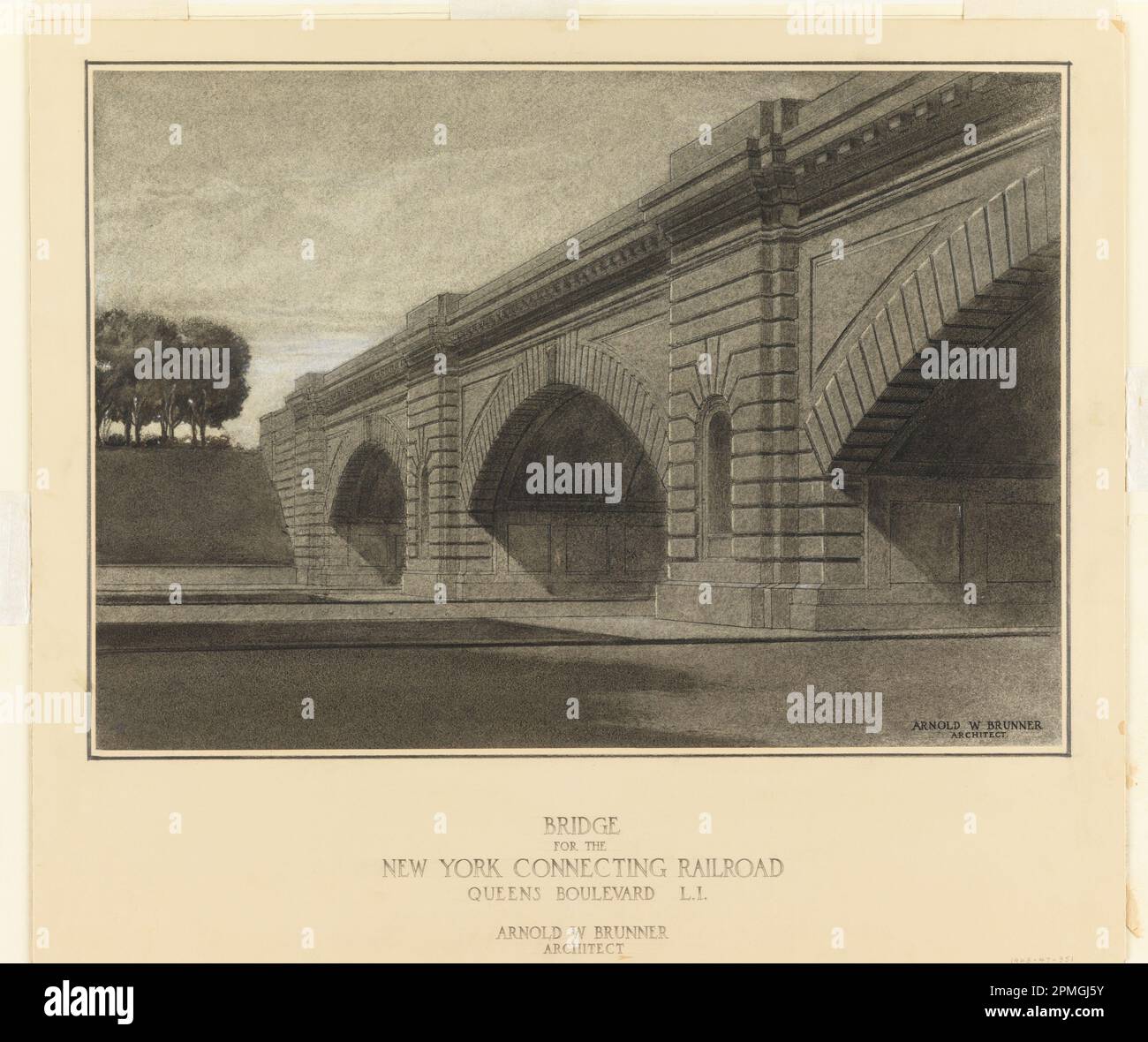 Disegno, Ponte per la New York Connecting Railroad, Queens Boulevard, Long Island; architetto: Arnold William Brunner (americano, 1857–1925); USA; grafite, penna e inchiostro nero, gesso bianco su carta; 51 x 59 cm (20 1/16 x 23 1/4 in.) Foto Stock