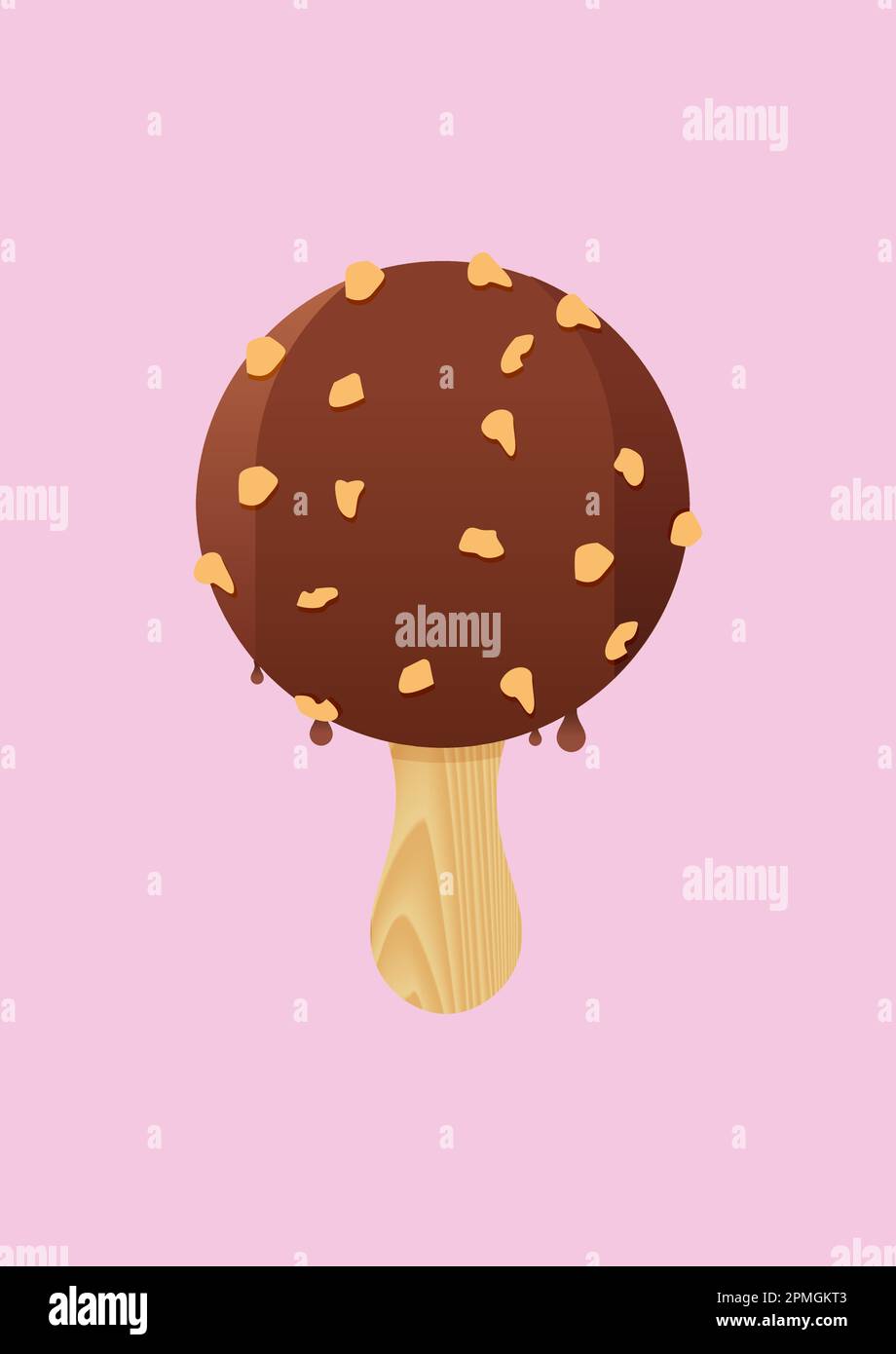Gelato al cioccolato rotondo con noci Vector Illustration isolato su sfondo rosa Illustrazione Vettoriale