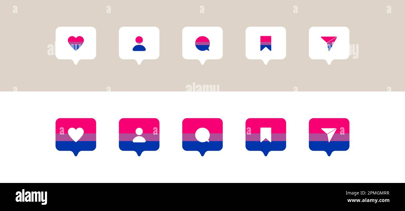 Icone di social network nei colori della bandiera Bisexual PRIDE. Pulsante mi piace, follower e commento, icona, simbolo, interfaccia utente, app, web Illustrazione Vettoriale