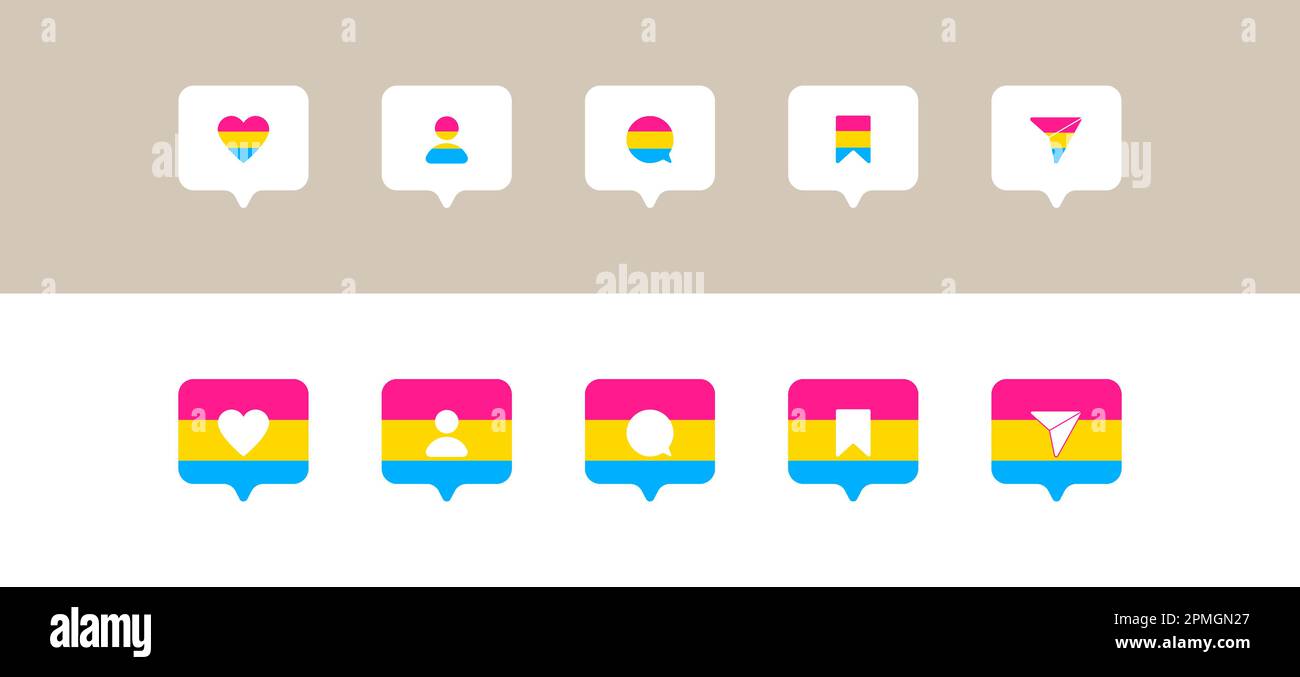 Icone di social media networking in Pansexuality orgoglio flag colori. Pulsante mi piace, follower e commento, icona, simbolo, interfaccia utente, app, web Illustrazione Vettoriale