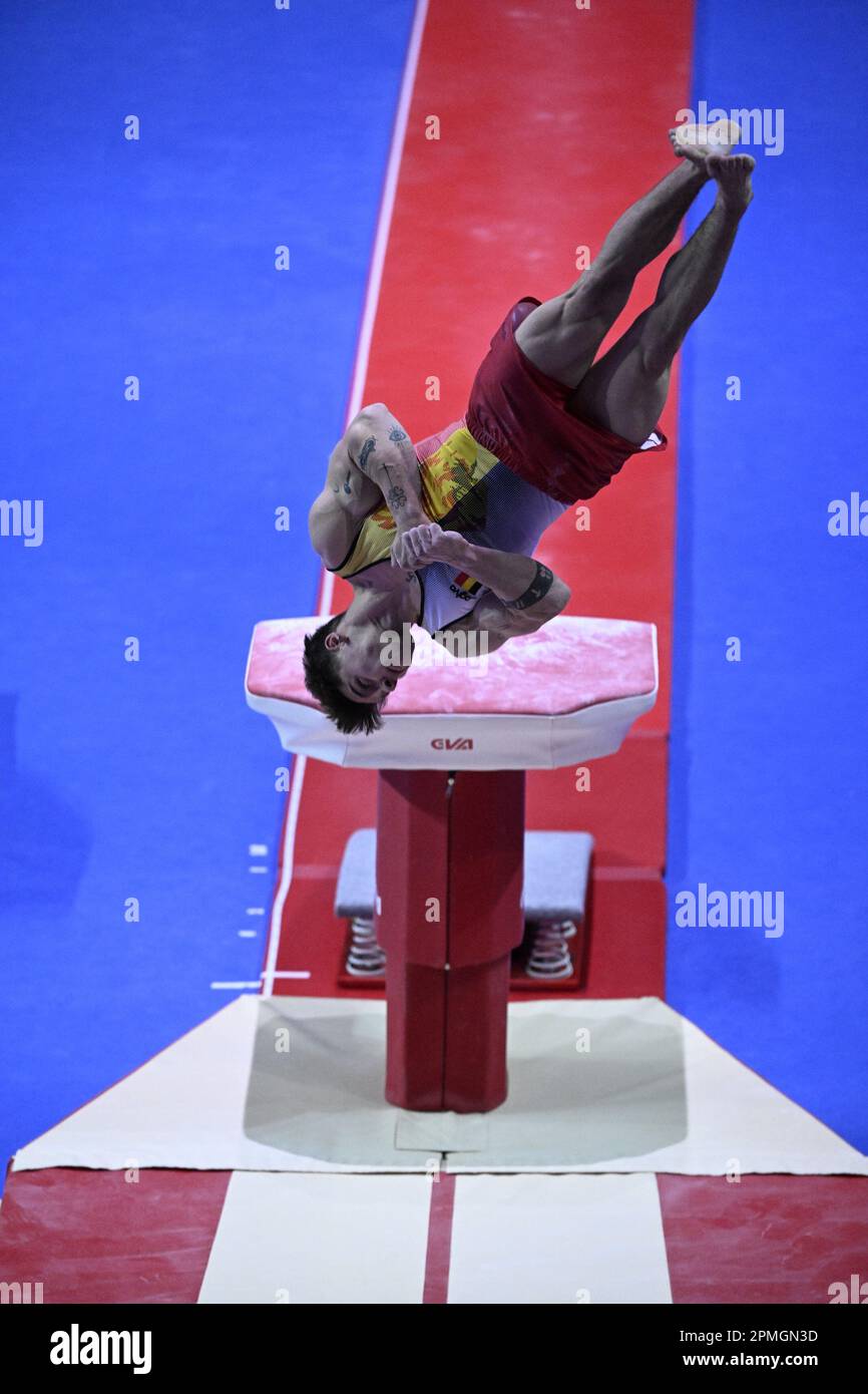 Antalya, Turchia. 13th Apr, 2023. Il belga Victor Martinez ha ritratto in azione durante la prima rotazione, la volta, negli uomini tutti intorno alla finale, il terzo giorno dei Campionati europei di Gomanistica ad Antalya, in Turchia, giovedì 13 aprile 2023. La CE si svolgerà dal 11 al 16 aprile 2023. BELGA PHOTO LAURIE DIEFFEMBACQ Credit: Belga News Agency/Alamy Live News Foto Stock