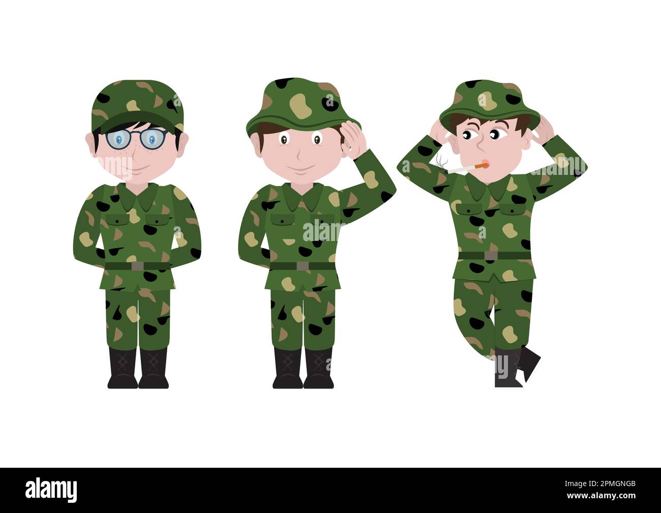 Tre militari isolati su sfondo bianco Illustrazione Vettoriale