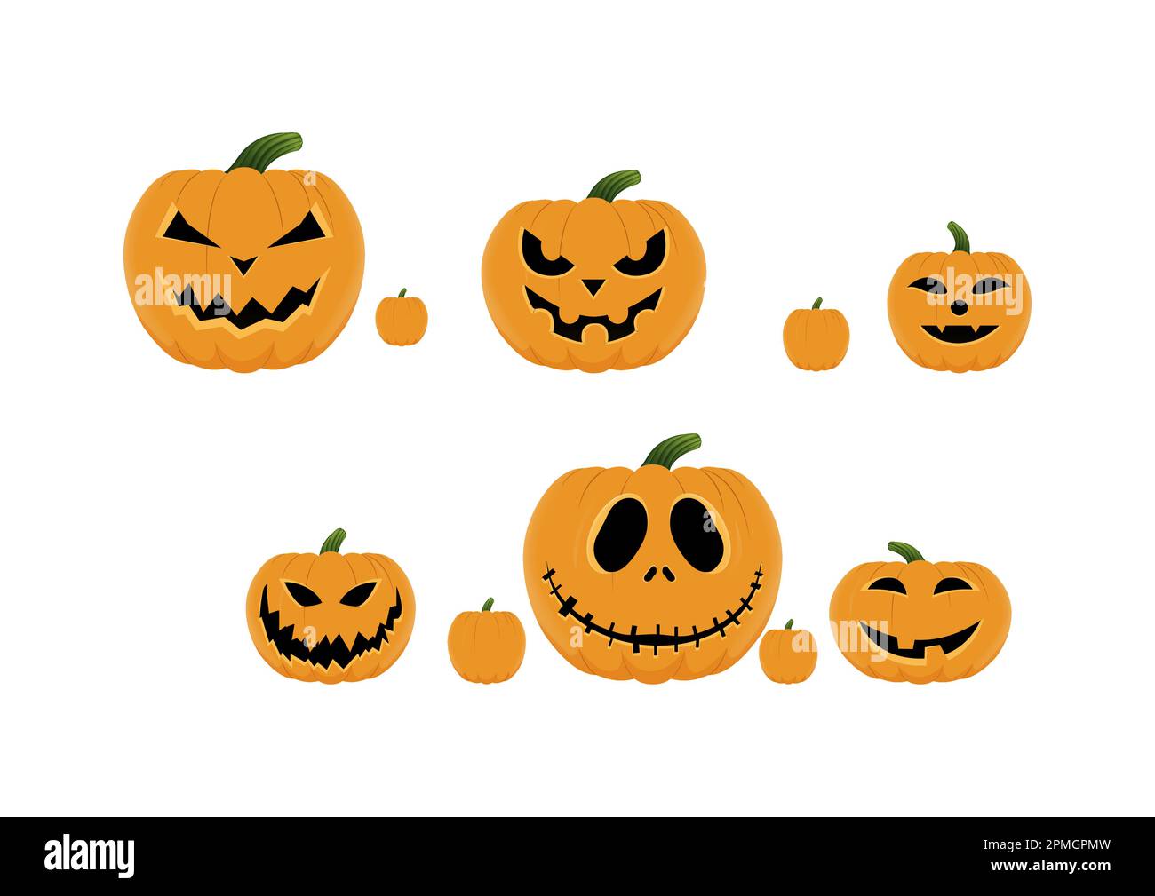 Sei diverse zucche di Halloween isolate su sfondo bianco Illustrazione Vettoriale