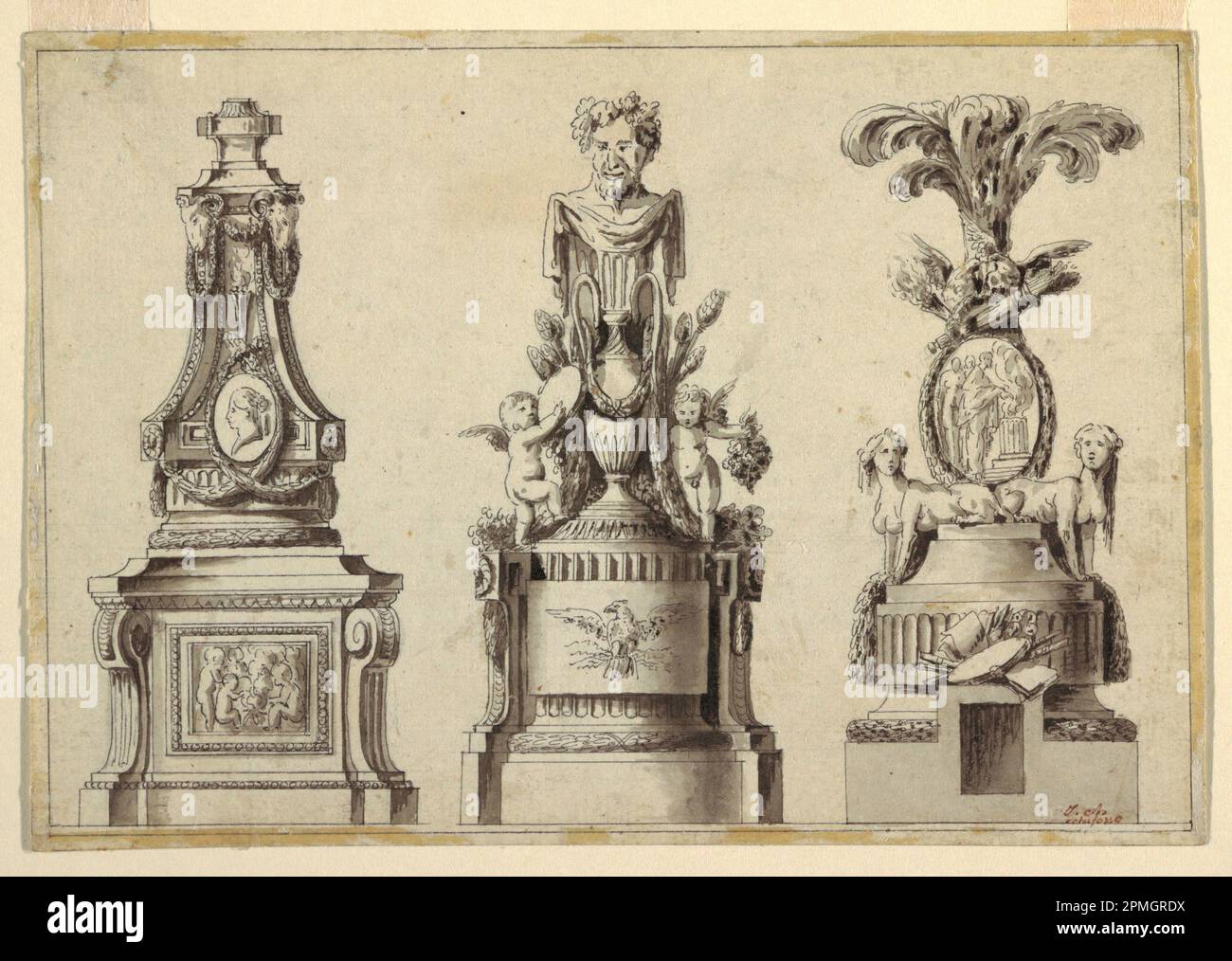 Disegno, disegni per tre piedistalli; progettato da Jean-Charles Delafosse (francese, 1734–1791); Francia; inchiostro nero e penna, pennello e acquerello su carta quasi bianca; 16,5 x 23,5 cm (6 1/2 x 9 1/4 pollici) Foto Stock