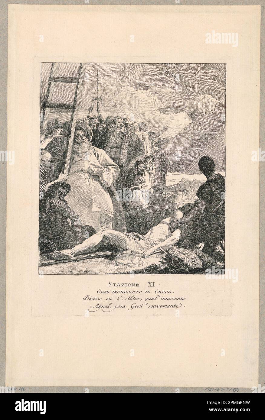 Stampa, Via Crucis - Stazione XI, Gesù è inchiodato alla Croce; Giovanni Domenico Tiepolo (italiano, 1727 – 1804); Italia; incisione su carta crema posata; 22,4 x 17,2 cm (8 13/16 x 6 3/4 pollici) ); 1931-67-71-2 Foto Stock