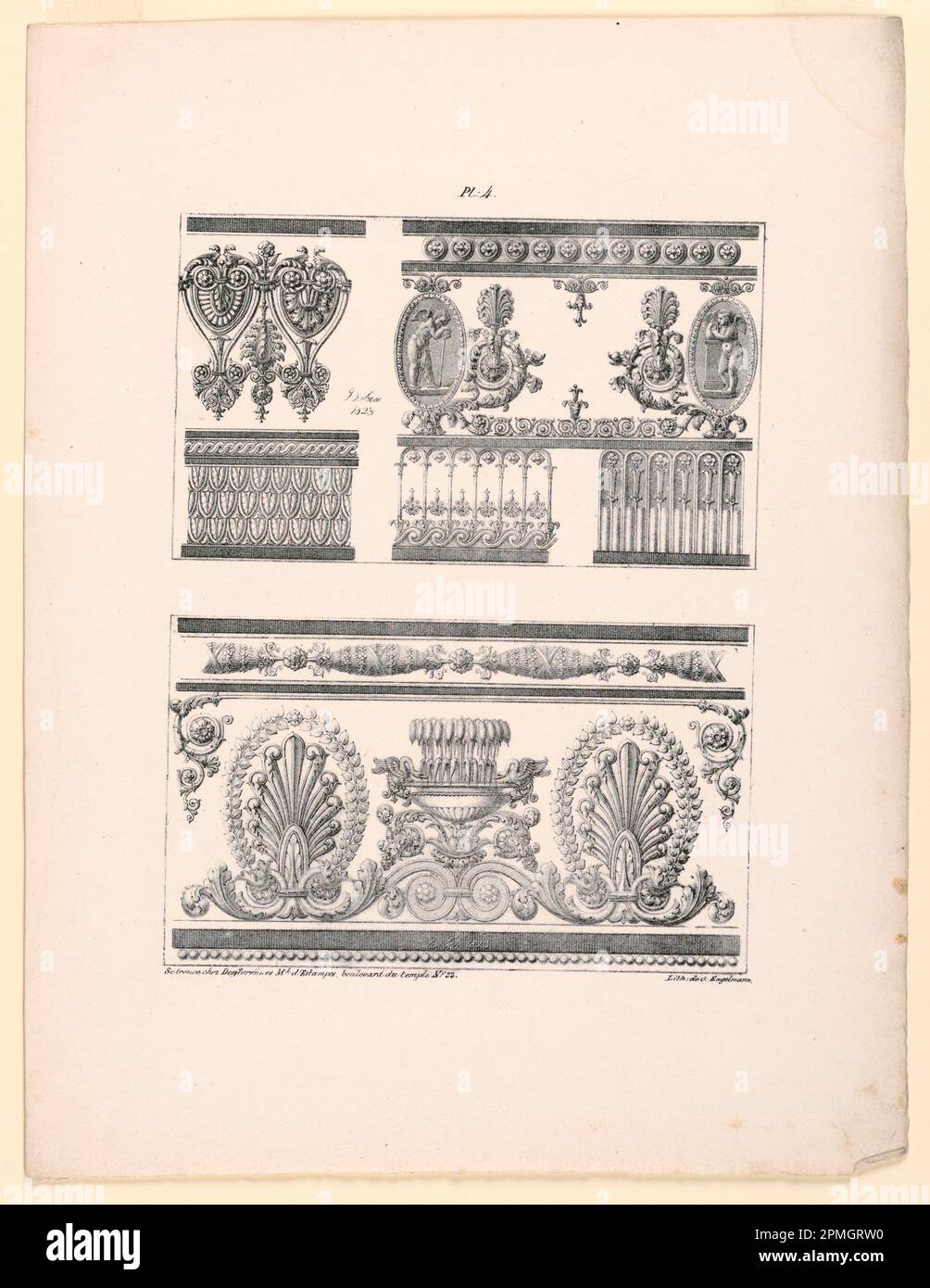 Stampa, tre fregi, piatto 4 fr; dopo Jean DuBois (francese, ca. 1750 – dopo il 1801); stampato da Gottfried Engelmann (1788 – 1839); pubblicato da Desflorennes; Francia; supporto litografico: Carta bianca in wove; 35,6 x 27,3 cm (14 x 10 3/4 in.) Dimensioni variabili Platemark/ripetizione: 24,5 x 18,7 cm (9 5/8 x 7 3/8 poll.) Tappetino: 45,7 x 35,6 cm (18 x 14 pollici) Foto Stock