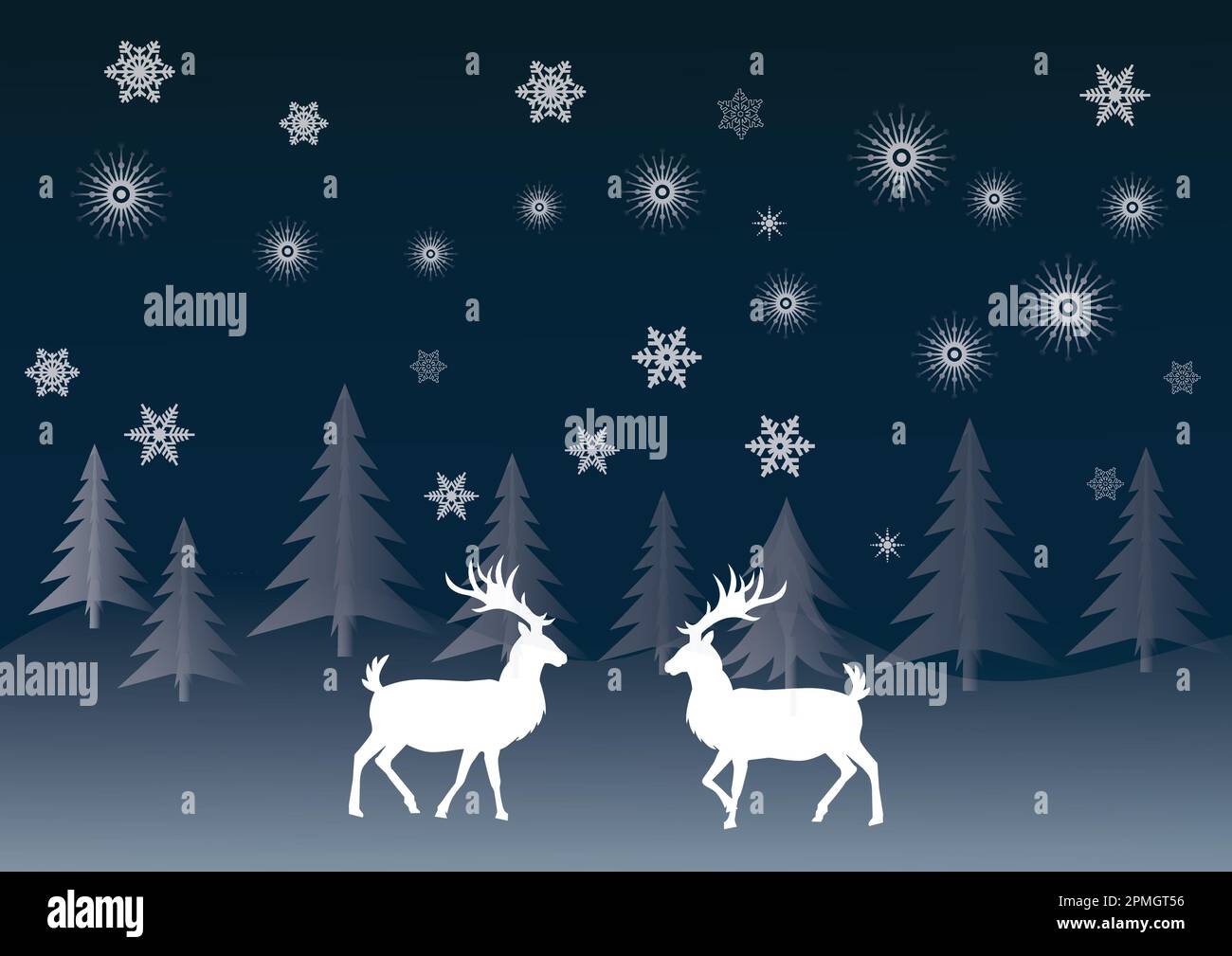 Paesaggio invernale con due clipart di renne. Illustrazione vettoriale Illustrazione Vettoriale