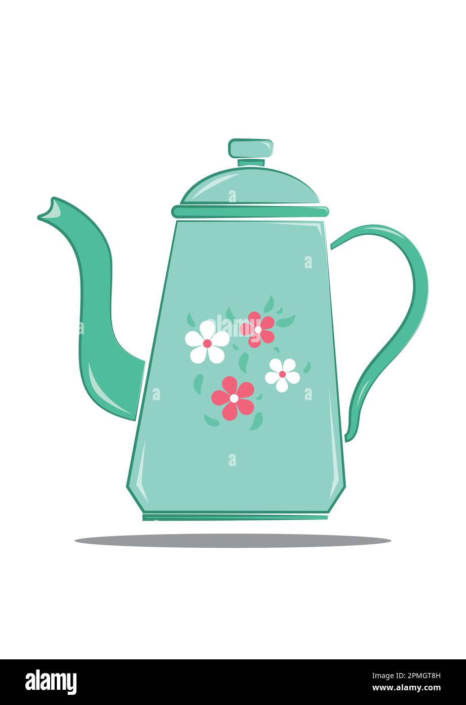 Illustrazione vettoriale del bollitore d'acqua vintage con design floreale in stile piatto isolato su sfondo bianco Illustrazione Vettoriale