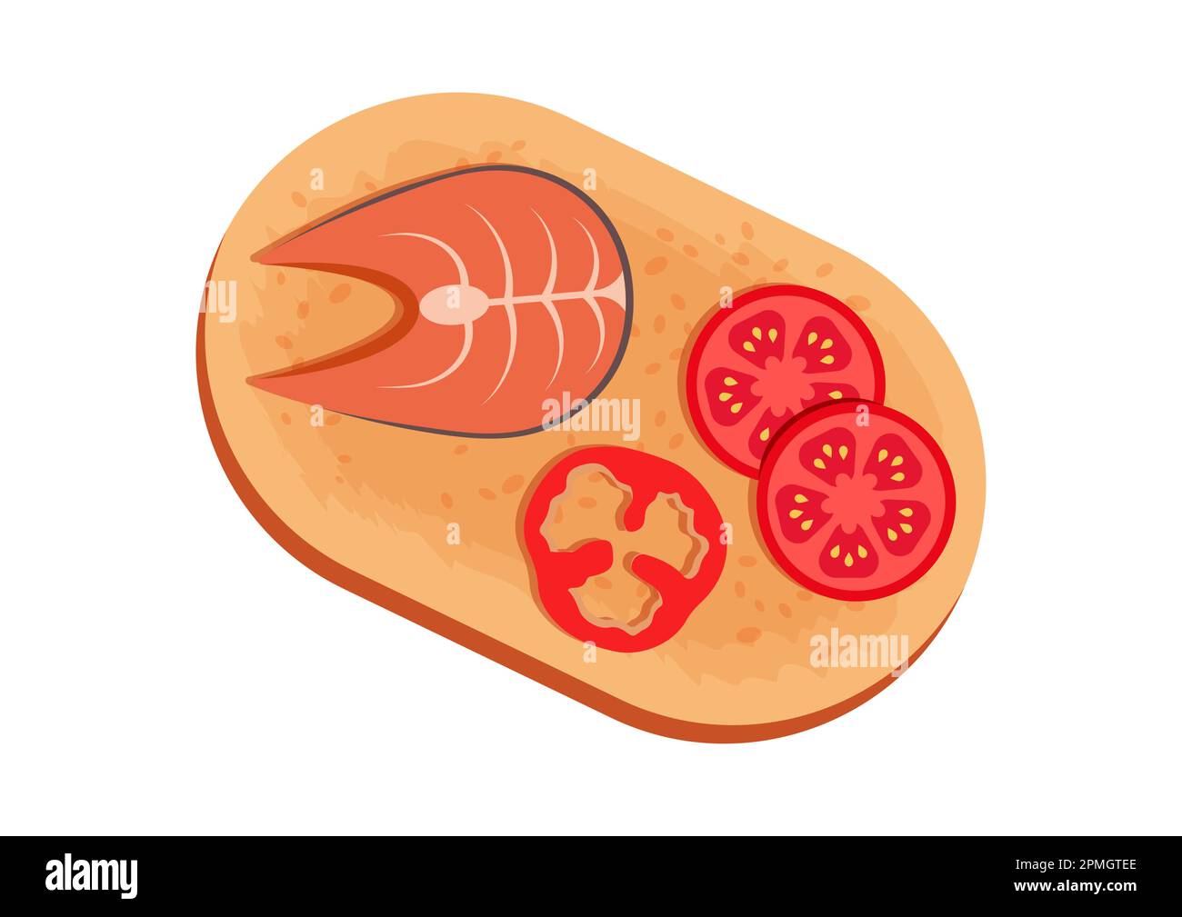 Pane tostato con fette di pomodoro, pepe e bistecca di salmone isolato su sfondo bianco Illustrazione Vettoriale