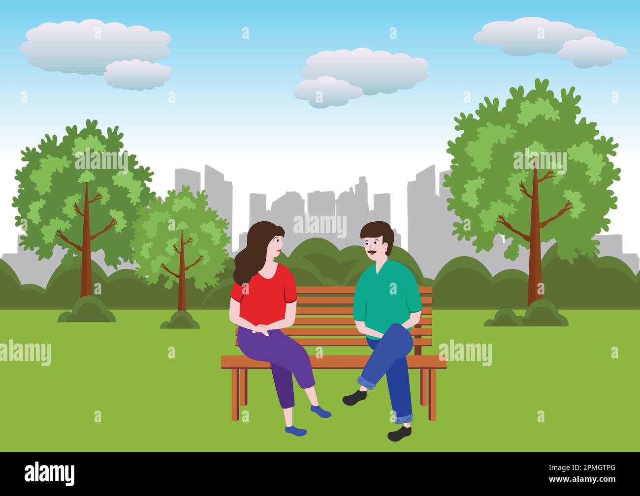 Due persone al parco della città seduti su una panchina illustrazione vettoriale Illustrazione Vettoriale