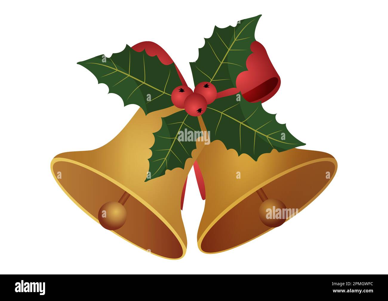 Illustrazione vettoriale di campana metallica dorata con arco rosso. Bella campana di Natale Illustrazione Vettoriale