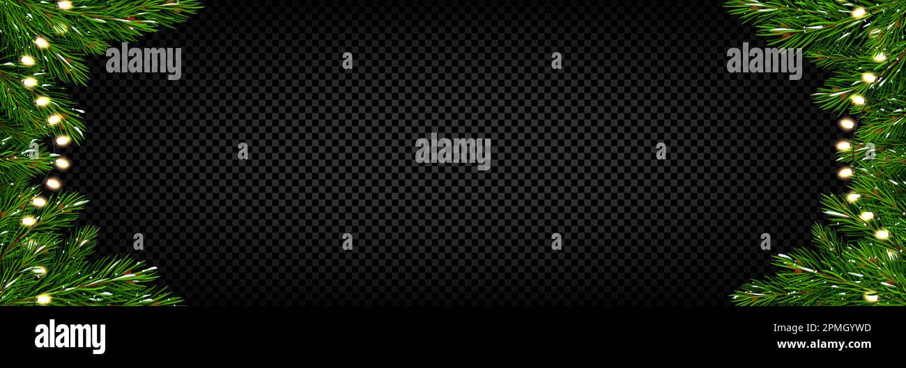 Struttura realistica in abete decorato con ghirlatura, spazio per il testo su sfondo trasparente. Illustrazione vettoriale del ramo sempreverde scintillante con luci festive e neve. Elemento di design per banner natalizi Illustrazione Vettoriale
