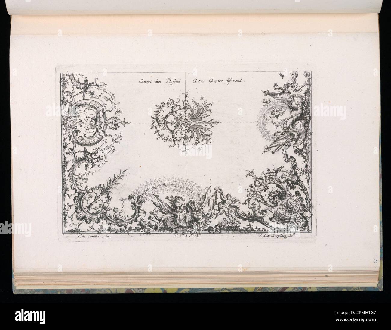 Stampa rilegata, disegno per ornamento da soffitto; progettato da Francois de Cuvilliés il Vecchio (Belgio, Germania attiva, 1695 - 1768); Print Maker: Carl Albert von Lespinliez (tedesco, 1723 - 1796); Germania; incisione e incisione su carta; 18,8 x 27,7 cm (7 3/8 x 10 7/8 in.) Foto Stock