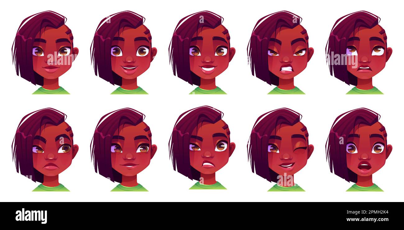 Black african ragazza faccia espressione avatar vettore set. Illustrazione differente dell'emozione facciale teen femminile e acconciatura afro carina. Isola brunette arrabbiato, felice e sorpreso ritratto icona. Illustrazione Vettoriale