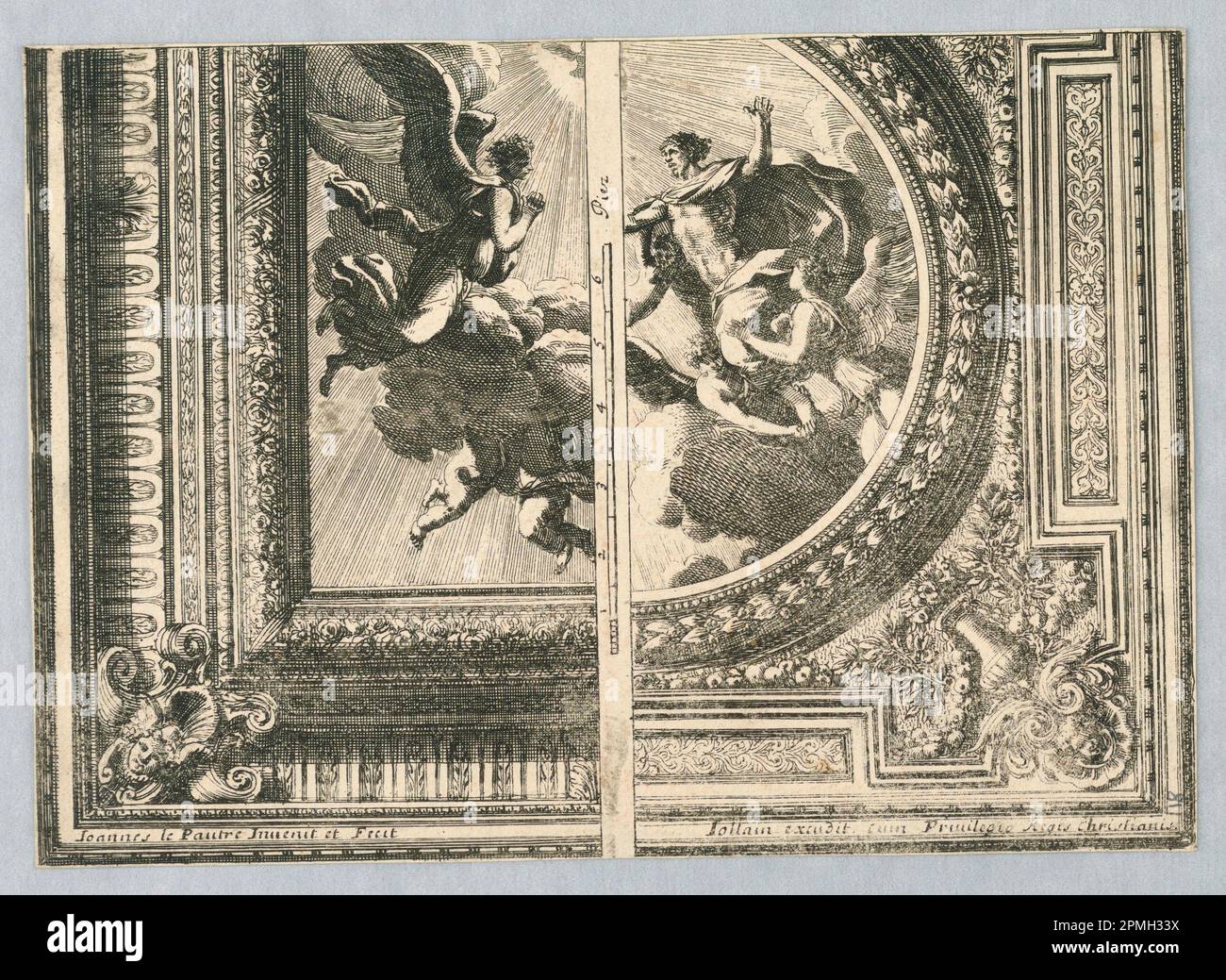 Stampa, disegni per soffitti; Print Maker: Jean le Pautre (francese, 1618–1682); incisione su carta; 14,3 x 20,1 cm (5 5/8 x 7 15/16 pollici) Foto Stock