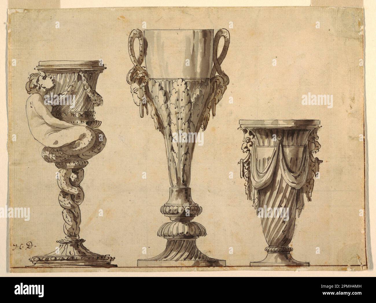 Disegno, progettazione per Candlestick, Cup e vaso; progettato da Jean-Charles Delafosse (francese, 1734–1791); Francia; inchiostro nero e penna, pennello e lavaggio su carta bianca; 18,9 x 25,3 cm (7 7/16 x 9 15/16 in.) Foto Stock