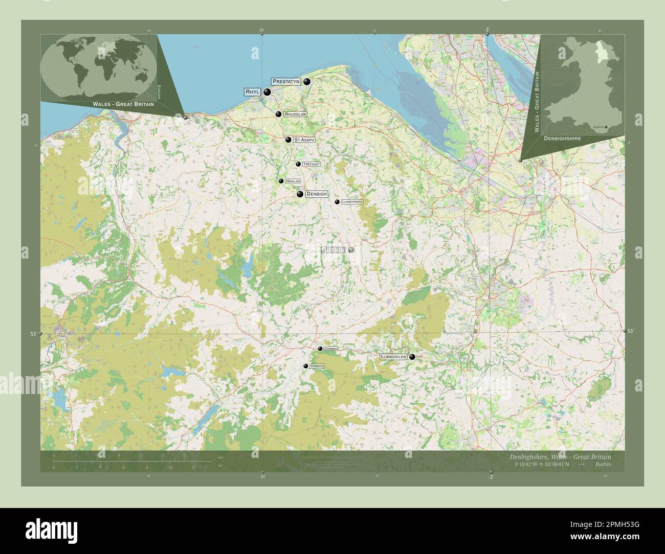 Denbighshire, regione del Galles - Gran Bretagna. Aprire la mappa stradale. Località e nomi delle principali città della regione. Mappe delle posizioni ausiliarie degli angoli Foto Stock