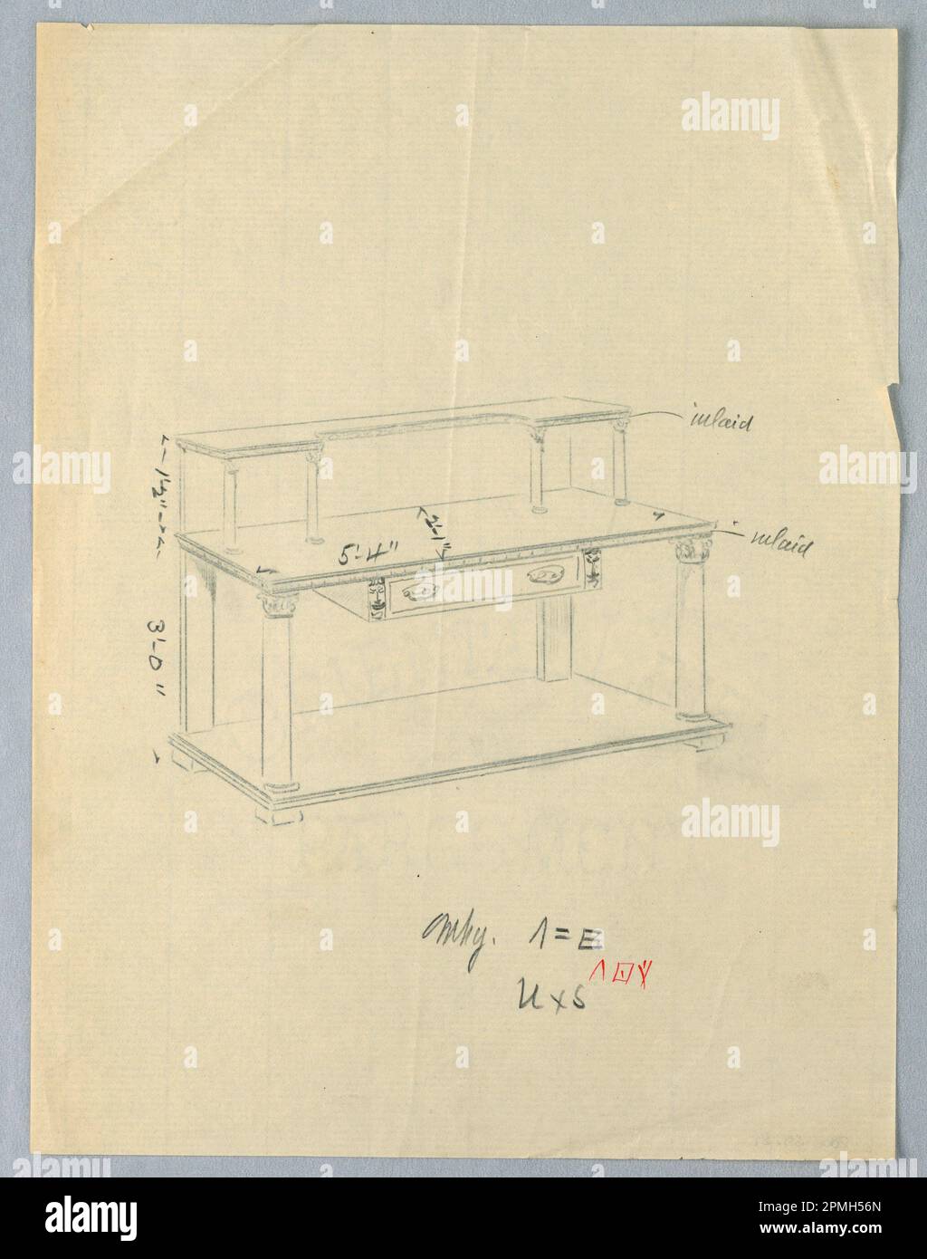 Disegno, disegno per tavola di servizio con ripiani superiori e inferiori; disegnato da A.N. Davenport Co.; grafite su carta crema sottile; 27,9 x 21,0 cm (11 x 8 1/4 pollici) Foto Stock