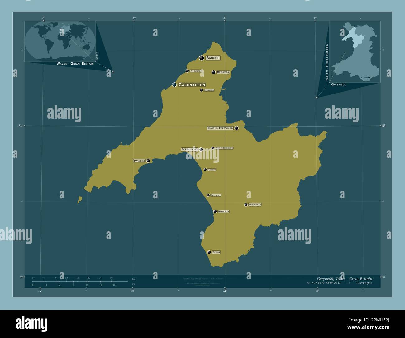 Gwynedd, regione del Galles - Gran Bretagna. Forma a tinta unita. Località e nomi delle principali città della regione. Mappe delle posizioni ausiliarie degli angoli Foto Stock