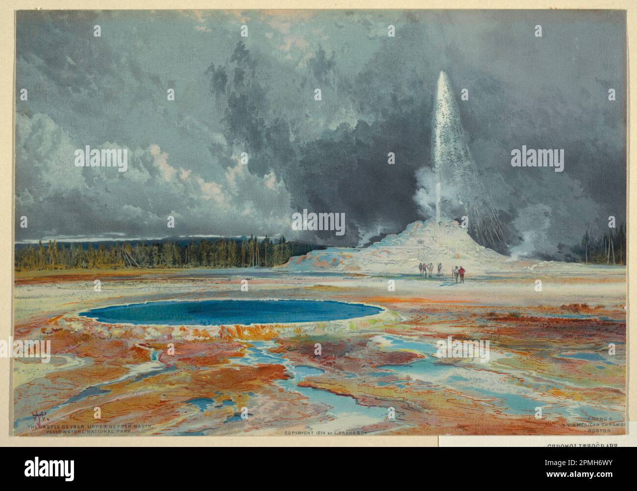Print, Castle Geyser, Upper Geyser Basin, Yellowstone National Park; After Thomas Moran (American, b. Britain, 1837–1926); Published by L. Prang and Company, Boston (United States); USA; cromolitografia su carta bianca; Sheet: 24,5 x 35,3 cm (9 5/8 x 13 7/8 in.) Telaio: 39,7 x 50,2 cm (15 5/8 x 19 3/4 pollici) Foto Stock
