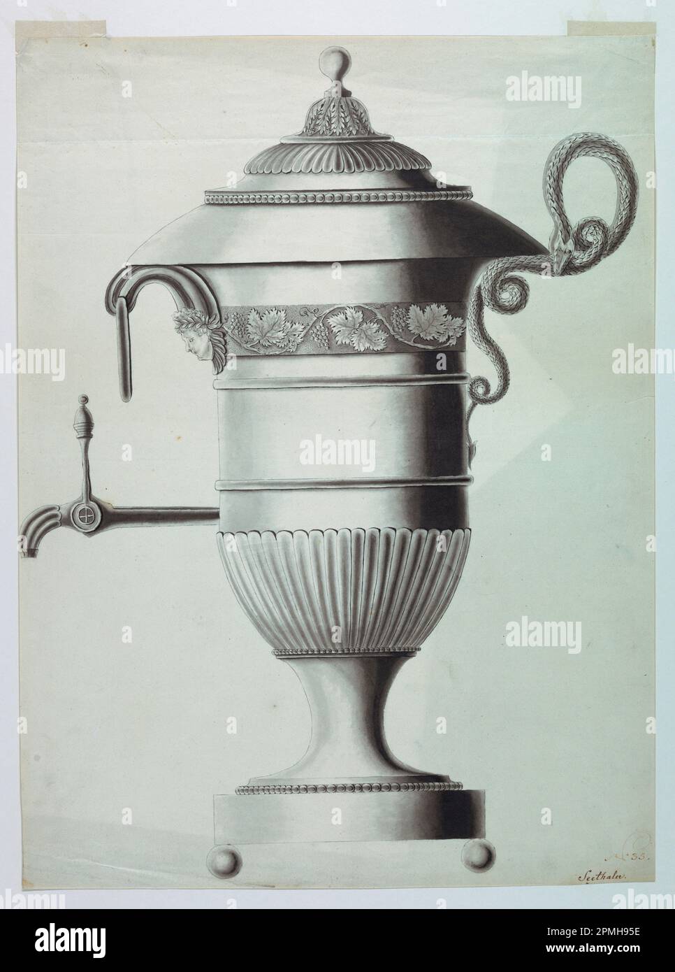 Disegno, progettazione per un caffè Urn; progettato da Joseph Anton Seethaler II (tedesco, 1799–1868); Germania; inchiostro nero e penna, pennello e grigio, lavaggio nero su carta per rivestimento; 53,6 x 40,1 cm (21 1/8 x 15 13/16 pollici) Foto Stock