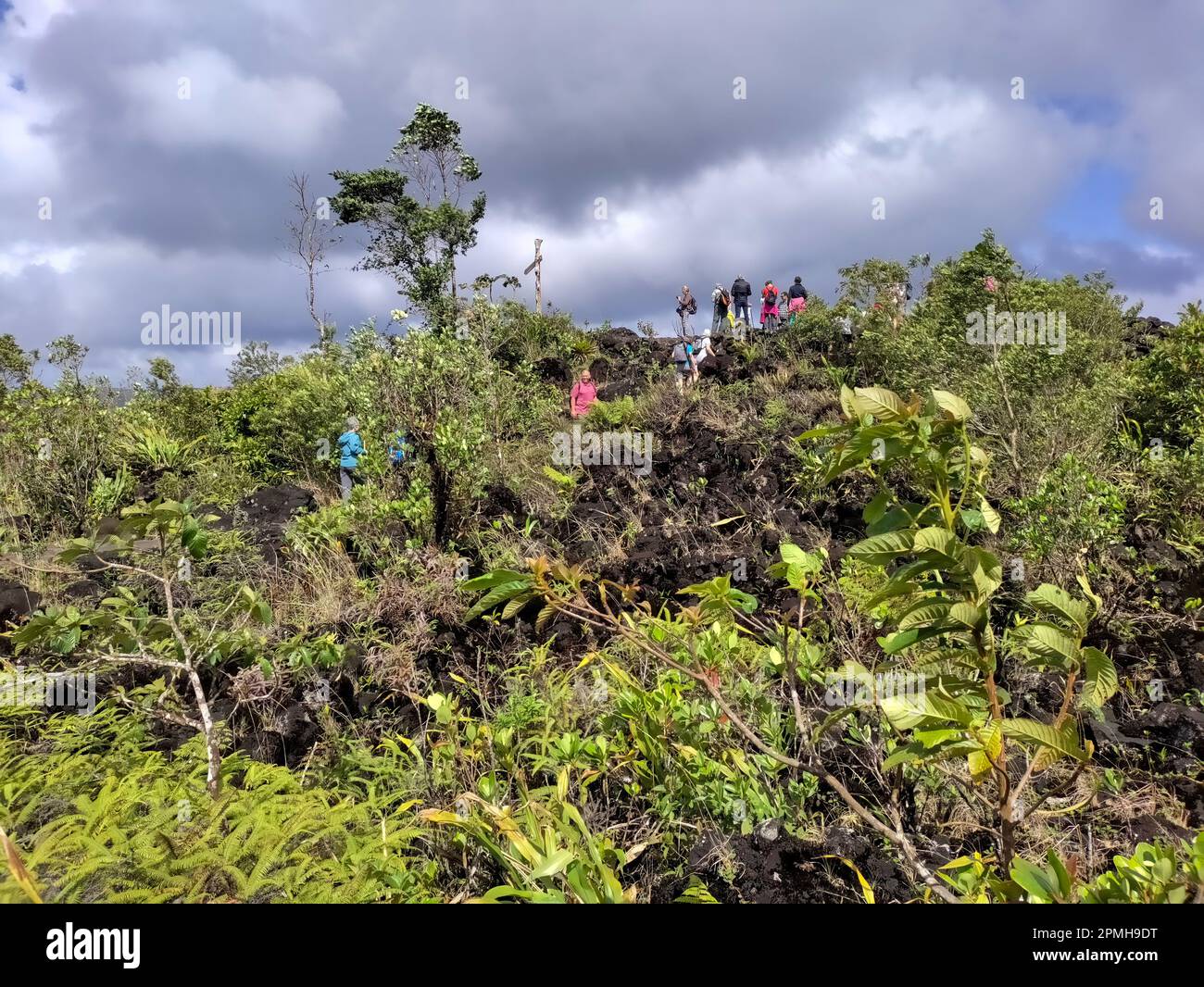 Parco Nazionale del vulcano Arenal, Costa Rica - escursione della gente sul vulcano Arenal nella zona del flusso di lava 1968. Foto Stock